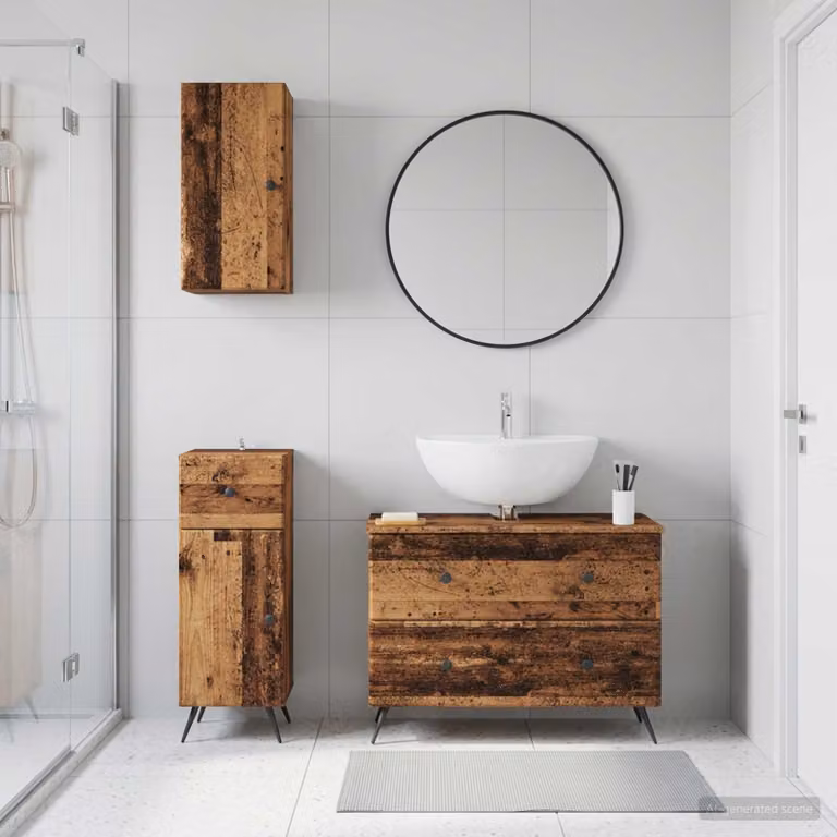 Set di armadietti da bagno 3 pezzi vidaXL BREDA in legno color marrone antico con cassetti e ripiani interni