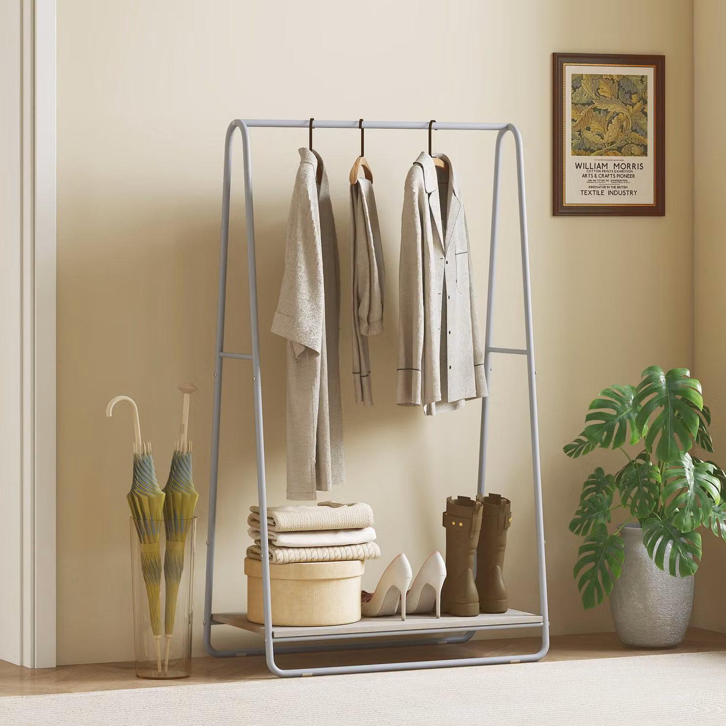 Appendiabiti 3 in 1 HOMCOM con mensola per scarpe e struttura in metallo, colore naturale e grigio – 2