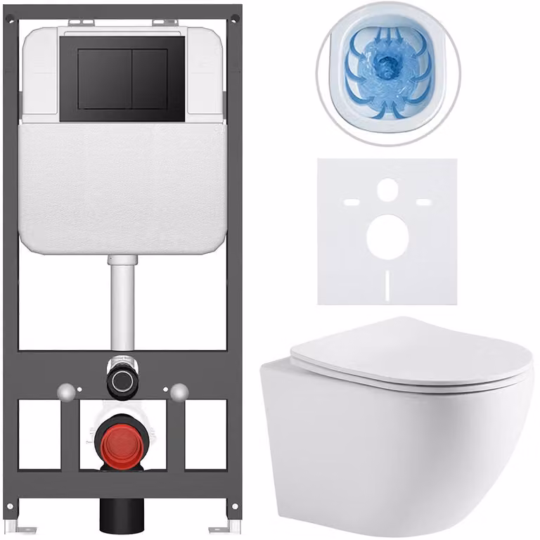 Set completo per WC sospeso "Cesso", colore bianco opaco, pulsante nero, modello Prime/Maxio, adatto per installazione a parete/con pannelli di cartongesso, dimensioni 49x36 cm