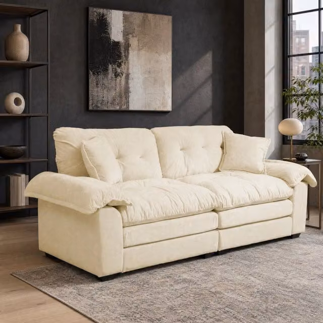 Divano 2 posti 214 cm in ciniglia beige con cuscini sfoderabili HOMVRA