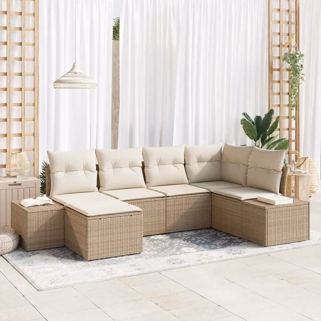 Set Divano da Giardino vidaXL 6 Pezzi Beige con Cuscini e Struttura in Metallo e Rattan