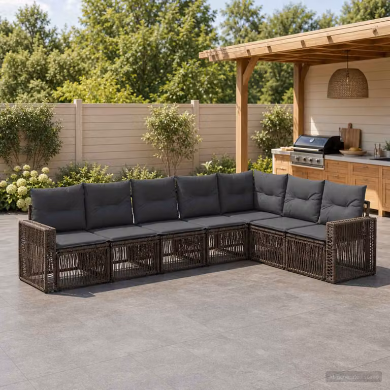Set Divano da Giardino vidaXL 7 Pezzi a Forma di L in Polyrattan Grigio e Antracite con Cuscini e Struttura in Acciaio