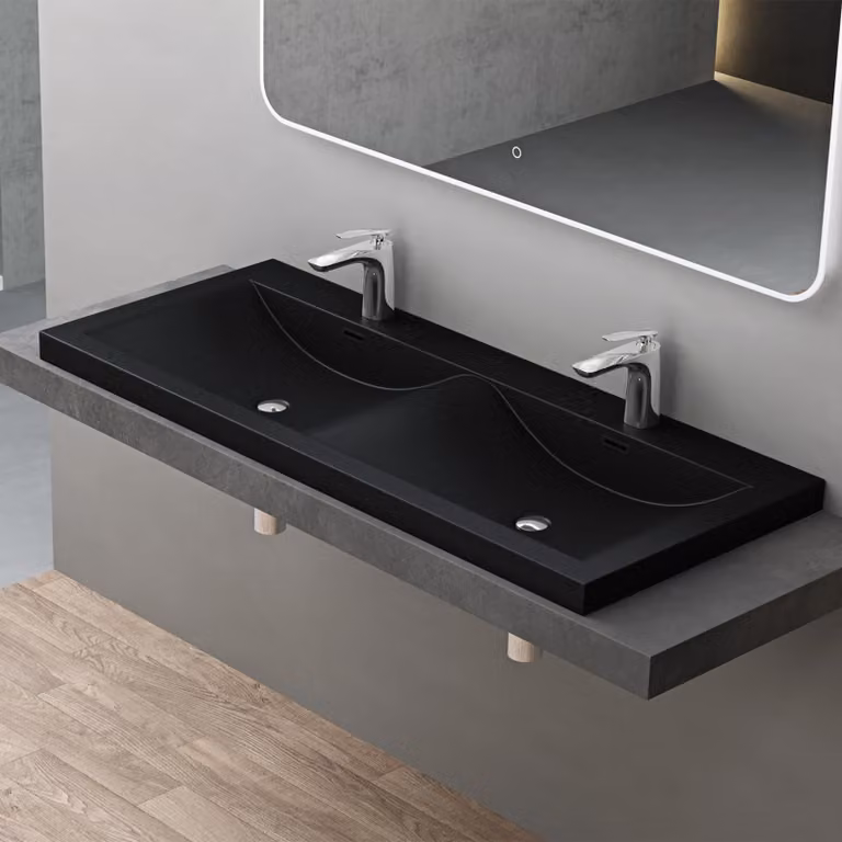 doporro Lavabo da Incasso 120 cm Doppia Vasca in Marmoresina Nero, Lavabo Bagno Integrale Soprapiano con 2 Fori Rubinetto e Troppopieno Colossum03