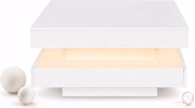 TAVOLINO da caffè quadrato 70x70x36 cm bianco lucido con LED e piano girevole
