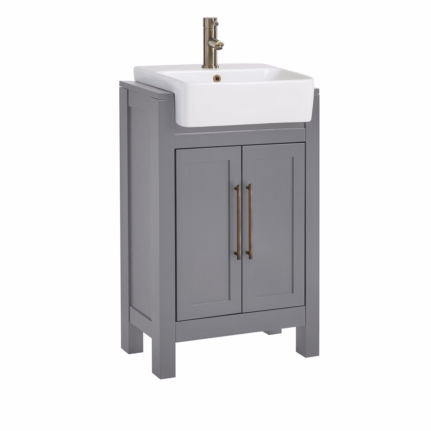 Mobile Bagno Grigio Chiaro da 550mm con Lavabo e Maniglia Classica con Barra a T in Ottone Spazzolato - Warwick