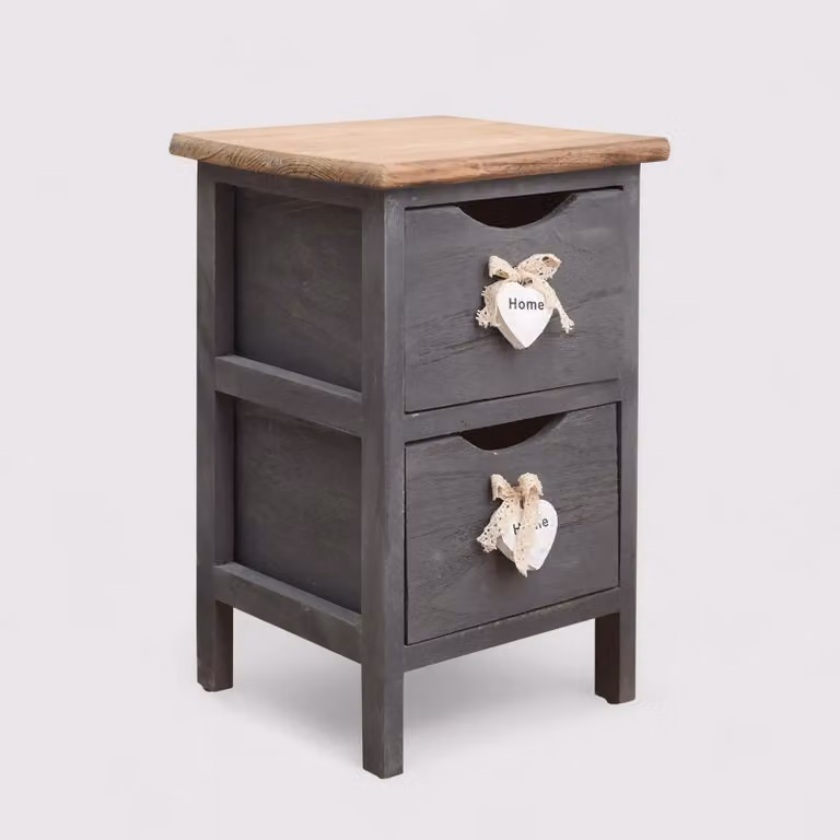 Olmaria - Piccolo comodino shabby grigio con 2 cassetti