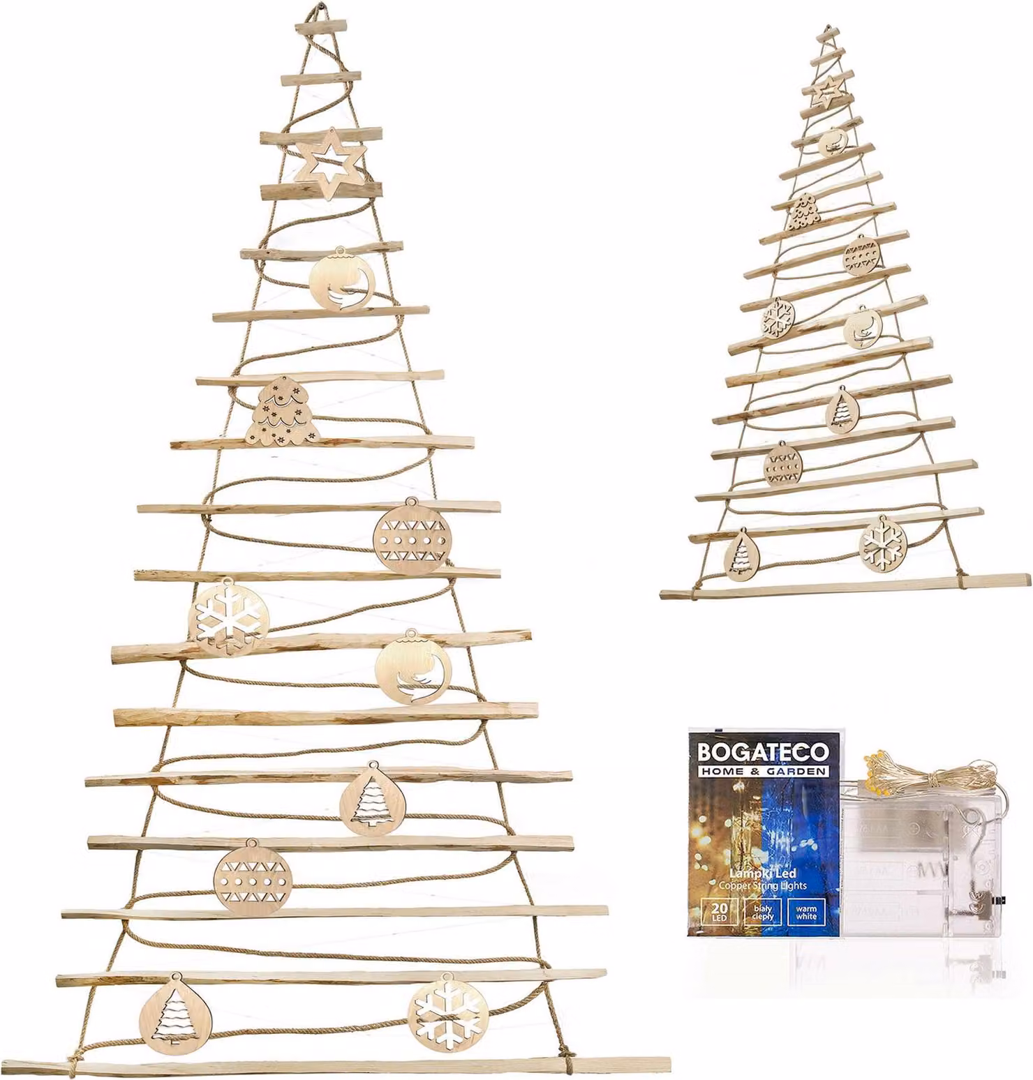 BOGATECO Albero di Natale fatto a mano alto 205 cm con decorazioni, in legno di nocciola | ciondolo decorativo | con 10 m di luci LED | pannelli di legno collegati con una corda di juta con uno spessore di 6 mm