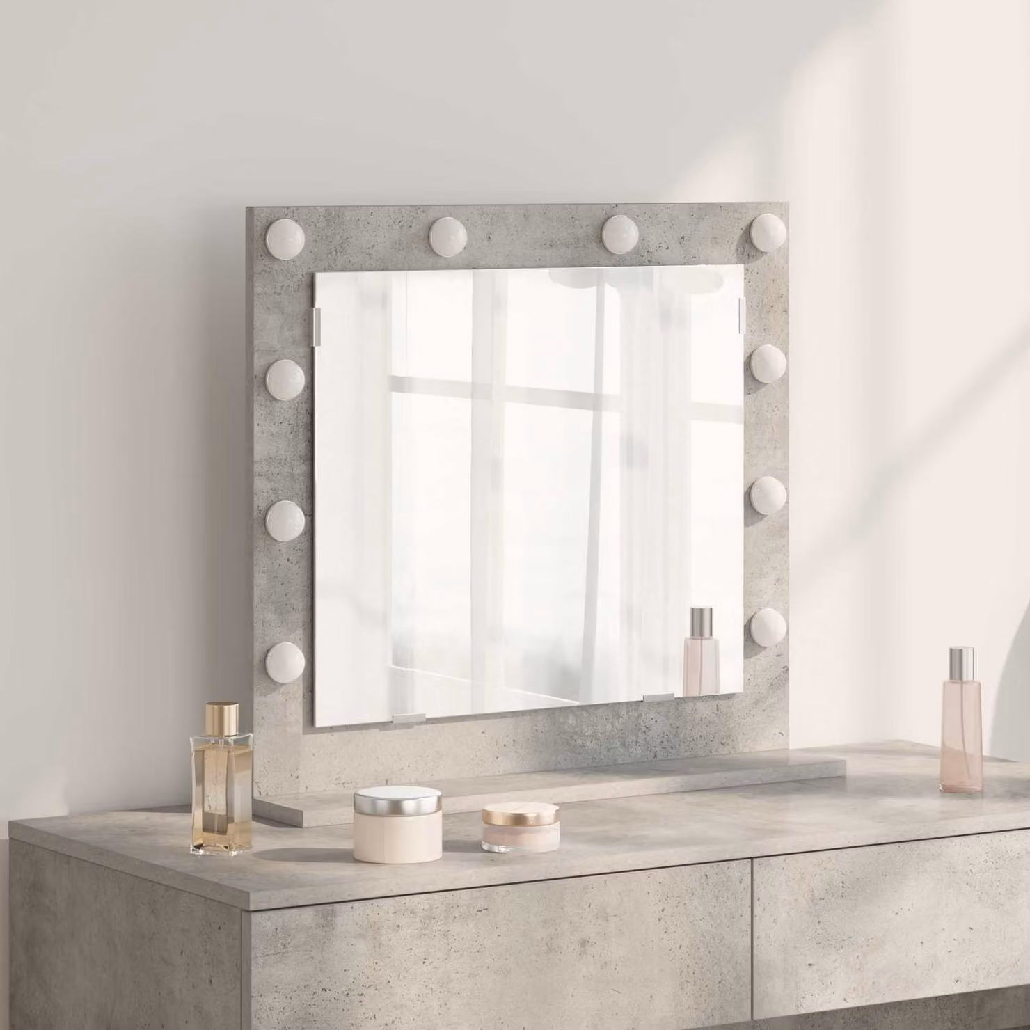 Specchio da vanità vidaXL con luce LED, design moderno rettangolare in grigio cemento, L: 60 cm, P: 55 cm, H: 18 cm