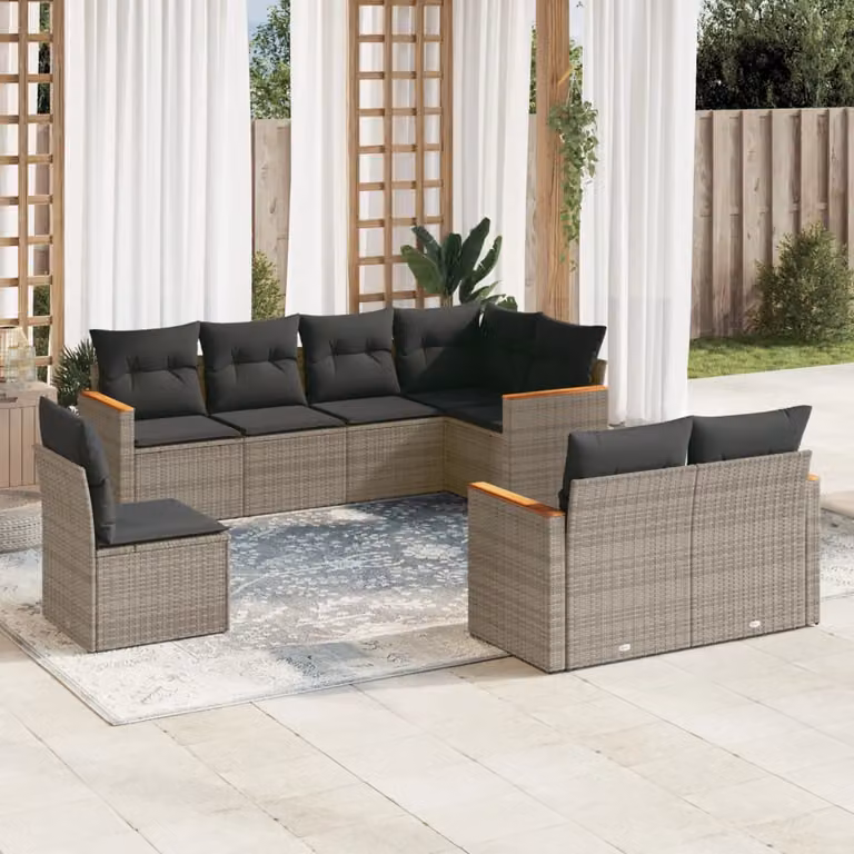 vidaXL Set Divano da Giardino a L 8 pz in Polyrattan Grigio con Cuscini