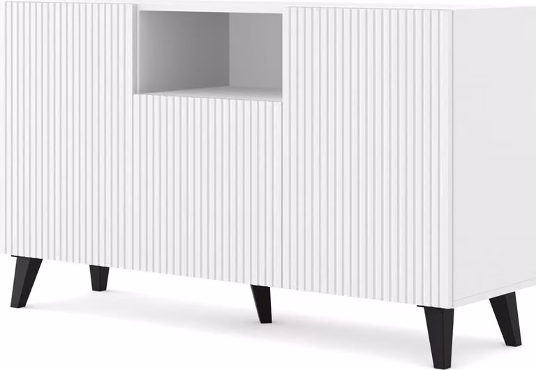 Cassettiera RAVENNA L 150 cm 2D1DM BIANCO OPACO / BIANCO OPACO con piedini neri Credenza US MDF 3 ante Credenza Mobile a ripiani aperti Buffet con frontali fresati