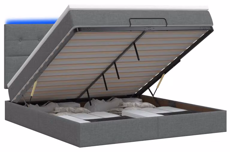 Panca contenitore con materasso e illuminazione LED, colore grigio scuro, dimensioni 140 x 200 cm, rivestita in tessuto