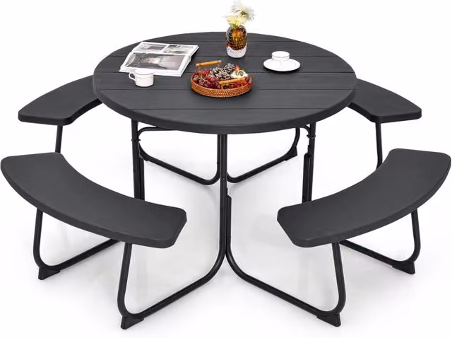 Set Tavolo da Picnic Rotondo Costway con 8 Posti e 4 Panche in Metallo Nero con Foro per Ombrellone