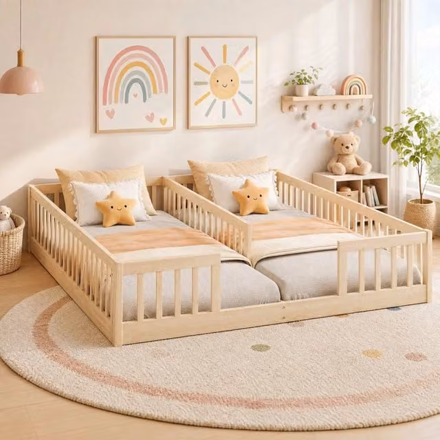 Letto basso per bambini con due superfici 90 × 200 cm; sponde e rete a doghe; in legno di pino e MDF naturale