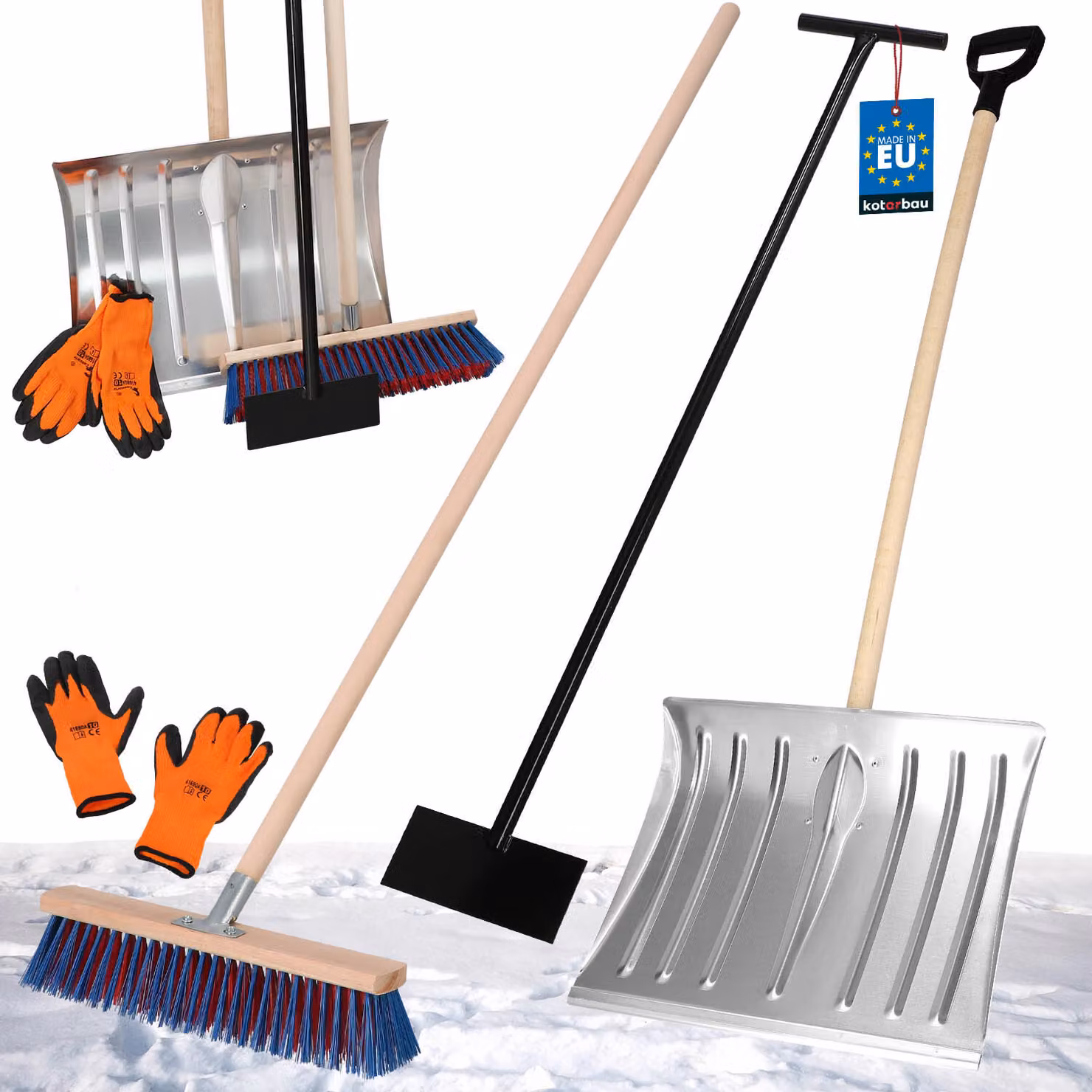 KOTARBAU® Set di pale da neve con lama in alluminio 39 x 50 cm Scopa stradale con manico 150 cm Raschietto per ghiaccio 119 cm + guanti Pala da neve Sgombra neve Pala da neve Manico in legno per sgombero neve