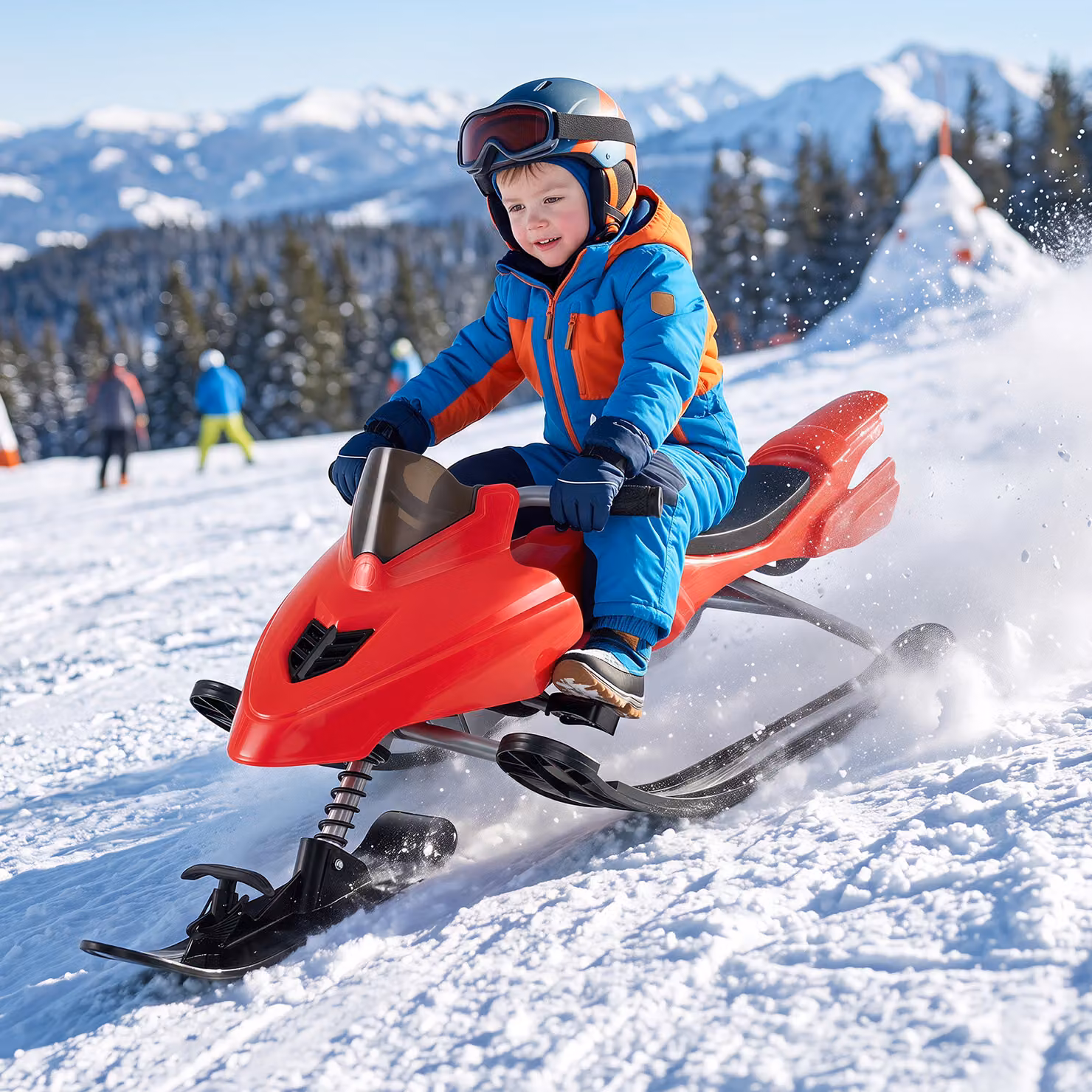 Slittino da neve Costway per bambini dai 6 anni in metallo e plastica con freno a pedale e corda per trazione, colore rosso