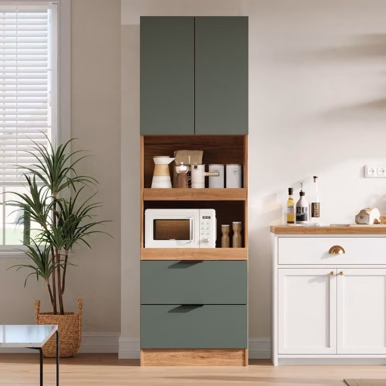 Armadi da cucina alti 200 cm, armadi contenitori con ante e cassetti, armadio alto con sistema di sicurezza anticaduta, dimensioni 59,5 x 45 x 200 cm, colore verde
