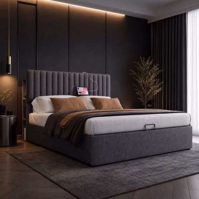 Letto matrimoniale MODFU con contenitore e illuminazione LED, porte USB e Type-C, grigio, L/P: 140 x 200 cm – 1