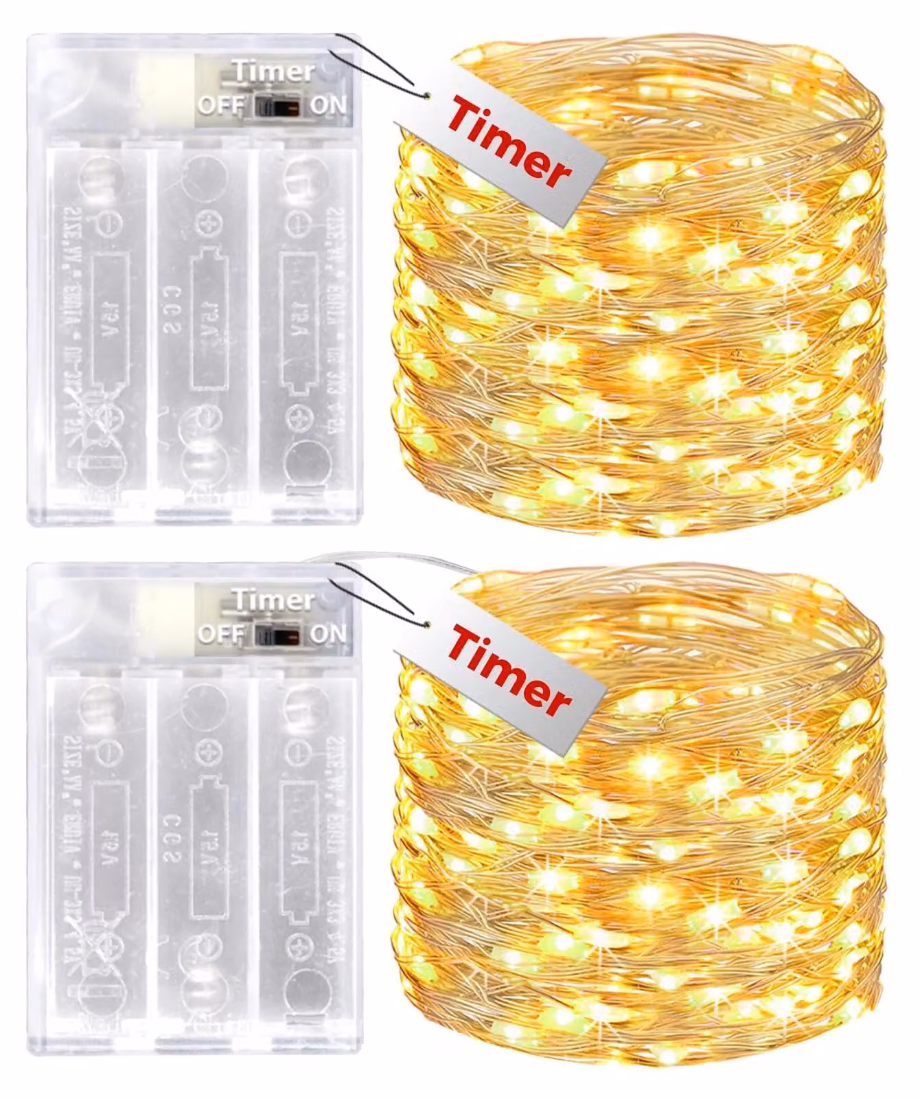 Catena luminosa da 10 metri, 100 LED, luce bianco caldo, grado di protezione IP65, con timer, confezione da 2