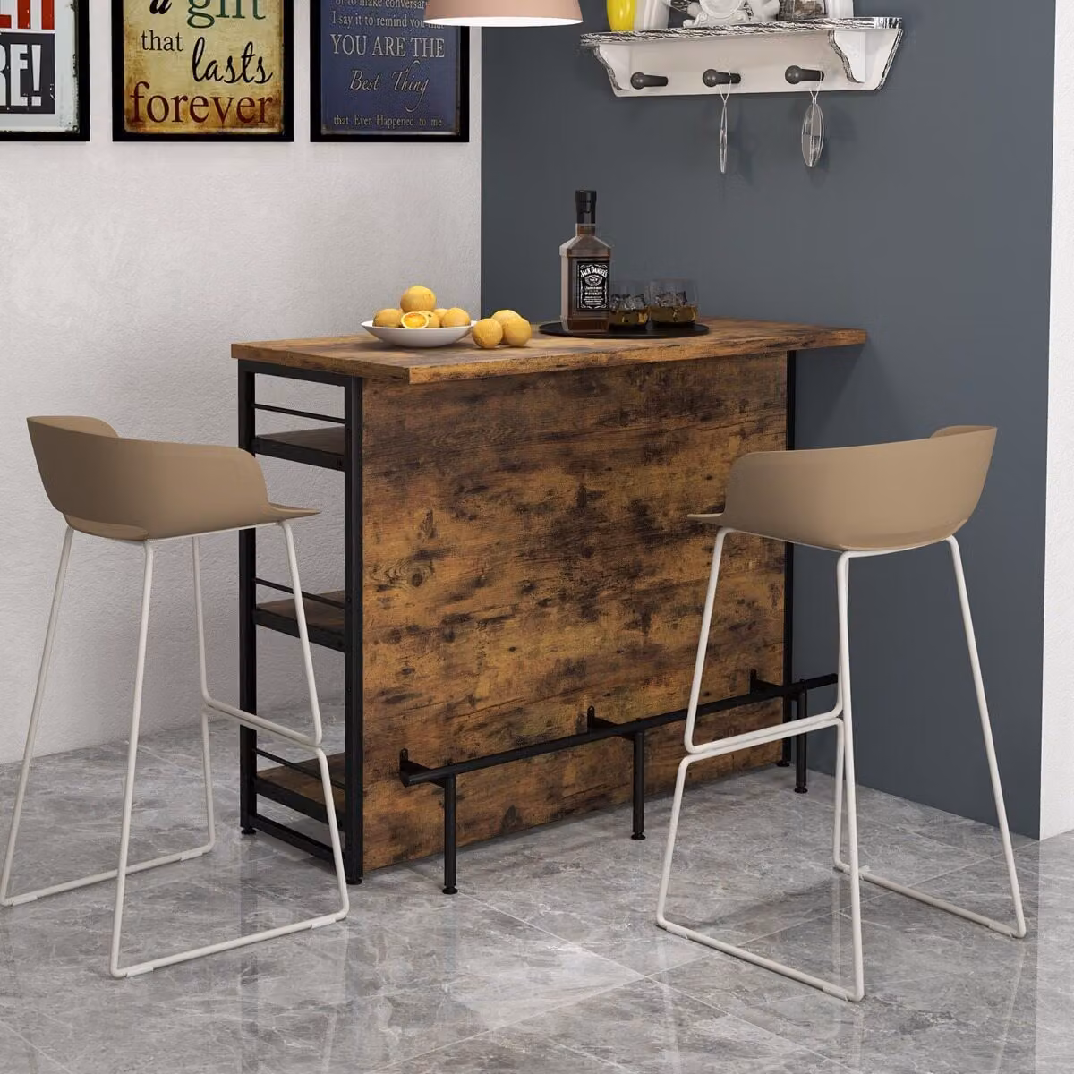 Isola cucina Costway in stile industriale con set di 2 sgabelli da bar, mobile bar marrone in legno e MDF laminato