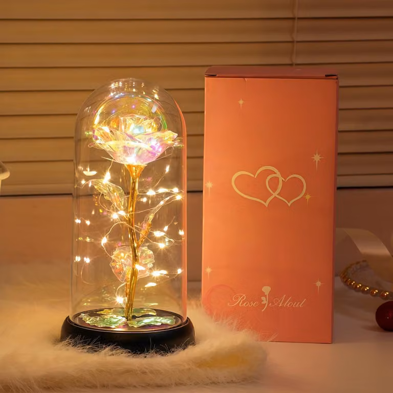 Mini rosa eterna con LED, presentata in una campana di acrilico – Regalo romantico per le donne – Decorazione per San Valentino e compleanni