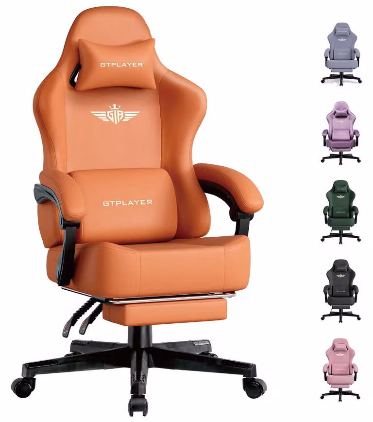 Sedia da gaming - Sedia da ufficio - Ergonomica - Regolabile in altezza - Rotazione a 360° - Schienale alto - Braccioli e rotelle - Pelle - Arancione