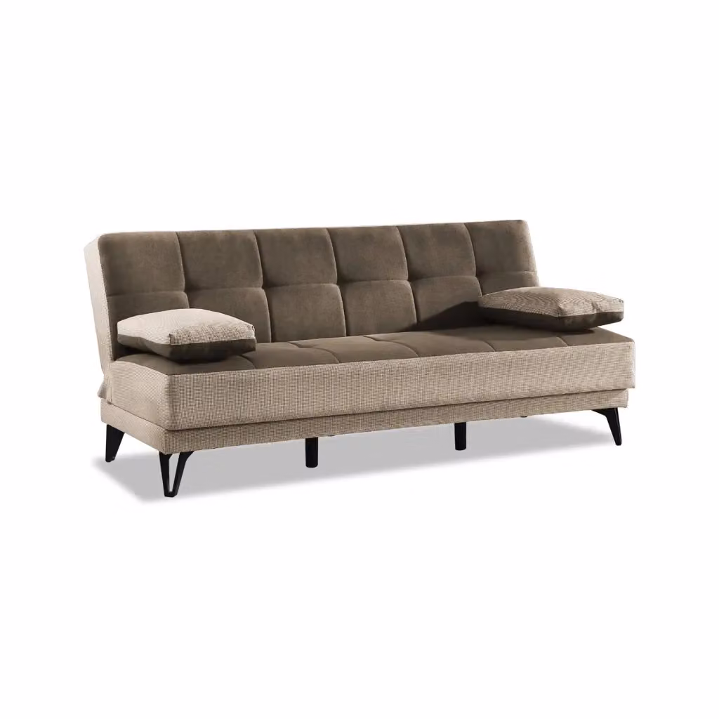 Divano letto Aborigeni DMORA a 3 posti in tessuto con apertura click-clack e piedini in metallo nero, Grigio e Marrone, L: 190 cm, H: 97 cm – 2