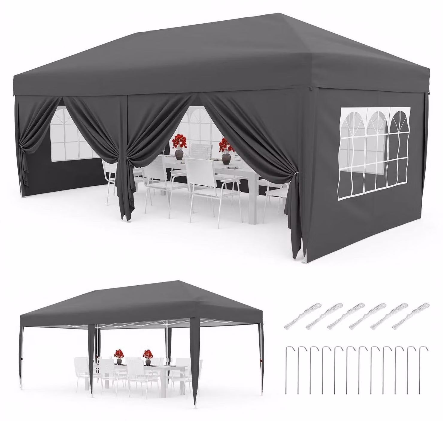 Gazebo pieghevole Pop Up 3x6 m - Tenda per feste impermeabile in tessuto Oxford 420D - Struttura in acciaio - Regolabile in altezza - Con 6 pareti laterali - Grigio