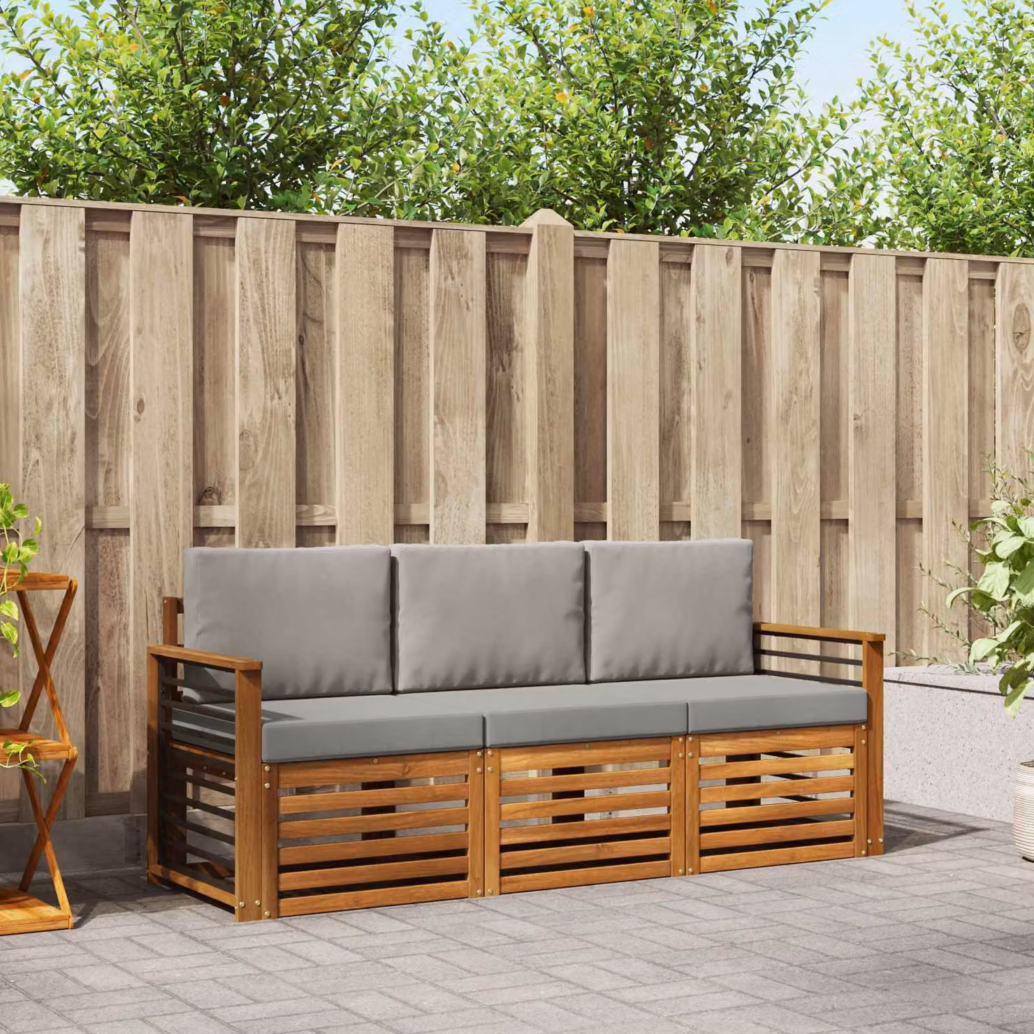 Set di divani da giardino vidaXL in legno di acacia con cuscini, 3 pezzi, Grigio e Marrone