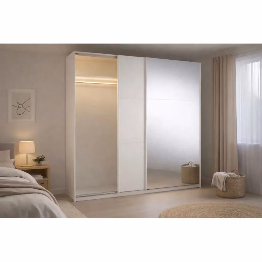 Armadio Venezia Meublorama con ante scorrevoli, illuminazione LED e finitura bianco opaco L: 221 cm, H: 207 cm, P: 60 cm – 2
