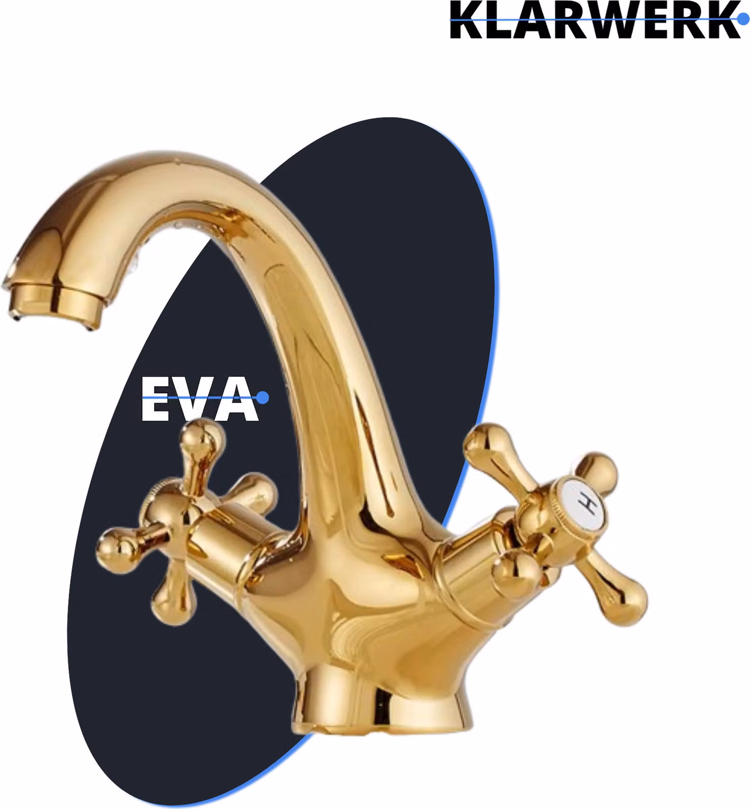 KLARWERK® EVA | Rubinetto da bagno vintage in oro lucido | Rubinetto retrò in acciaio inossidabile per lavabo | Miscelatore per hotel e ristorazione con 2 attacchi