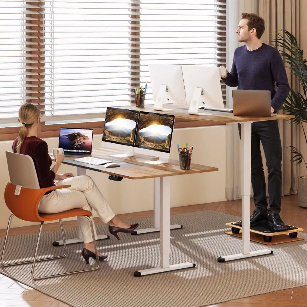 Scrivania elettrica regolabile in altezza con memoria per ufficio e casa, piano rettangolare in legno e struttura in metallo, L: 140 cm, P: 70 cm, H: 116 cm, colore beige o marrone – 2