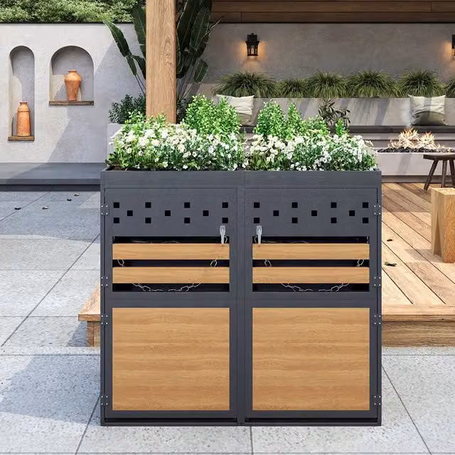 Cabina per 2 bidoni con tetto verde - Xylo - 120-240 litri, colore antracite, porta in stile legno, estensibile