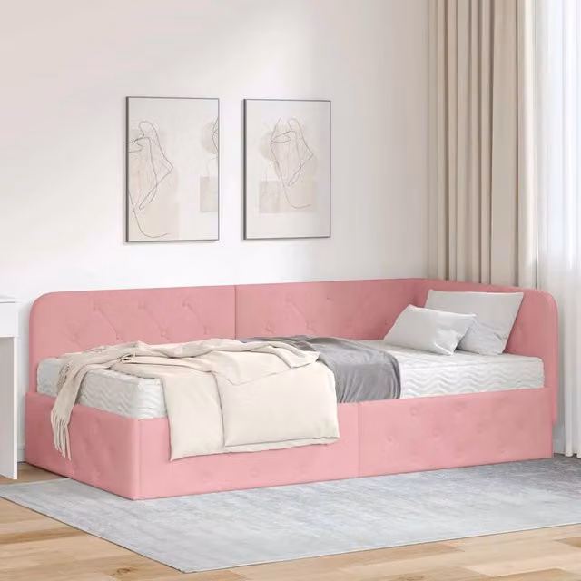 Letto ad angolo vidaXL in velluto rosa con struttura in legno e doghe fisse L/P/H: 194 x 90 x 72 cm