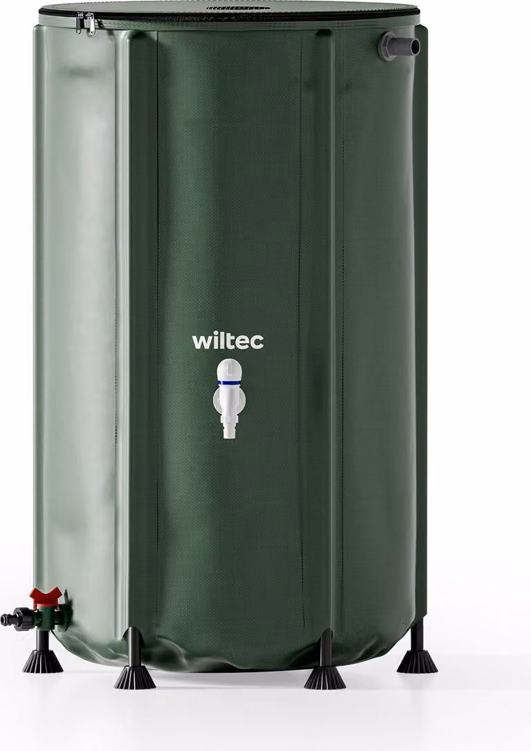 Barile per la pioggia pieghevole Wiltec da 250 l con coperchio, barile per la pioggia in PVC da 620 g/m², serbatoio per l'acqua piovana con rubinetto, serbatoio per l'acqua da giardino con attacco per il tubo flessibile