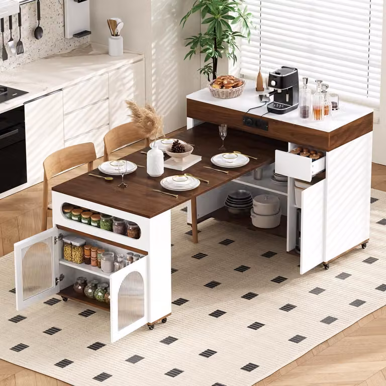 Isola da cucina con ruote, tavolo da pranzo estendibile, prese multiple, cassetto, mobile contenitore bianco e noce