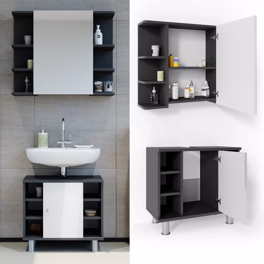 Set mobili bagno Vicco Fynn Antracite composto da base lavabo e pensile con specchio in stile minimalista lucido – 2