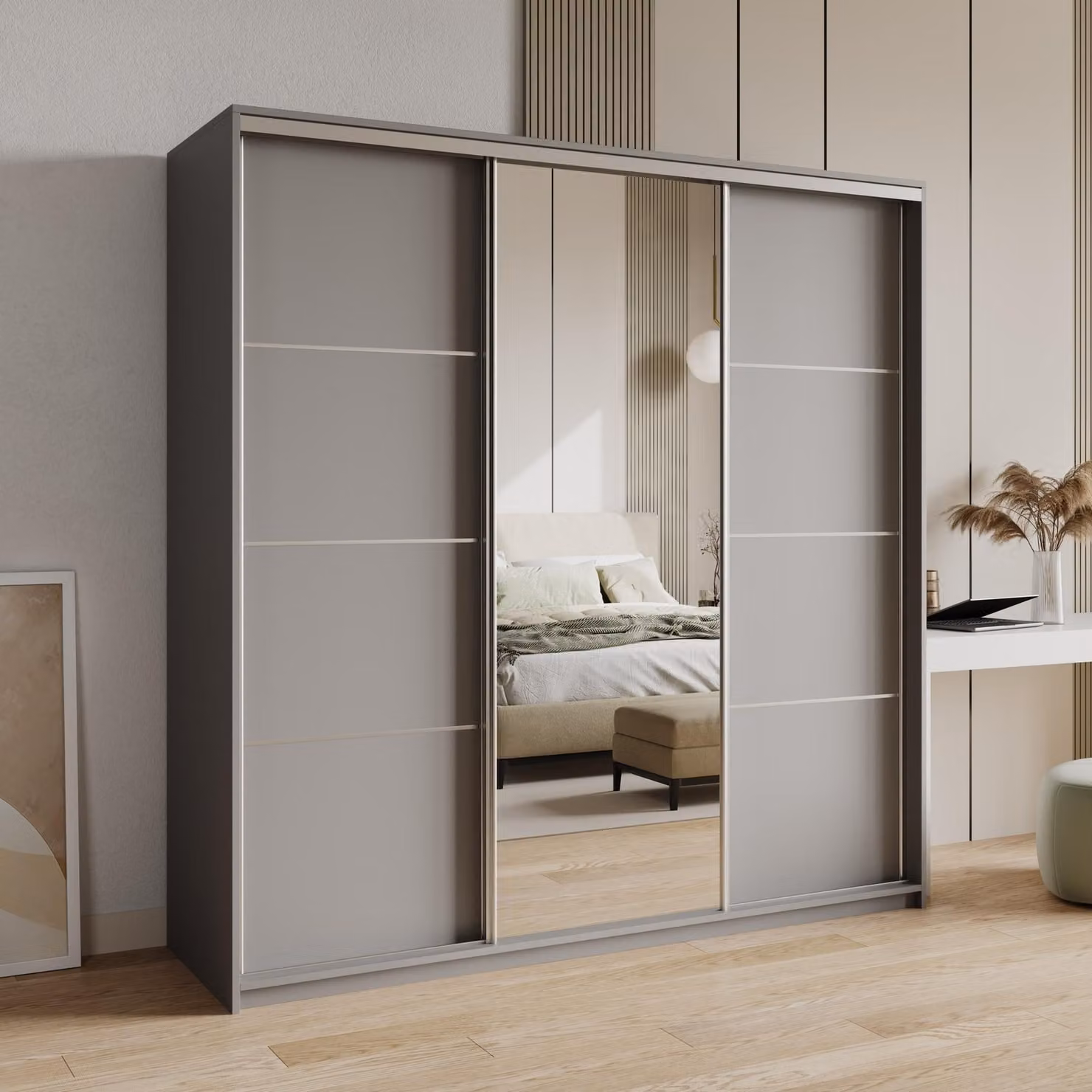 Armadio scorrevole Masseno VARO 180/205/60 cm Armadio con 4 cassetti Armadio per camera da letto a 3 ante con specchio Colore grafite