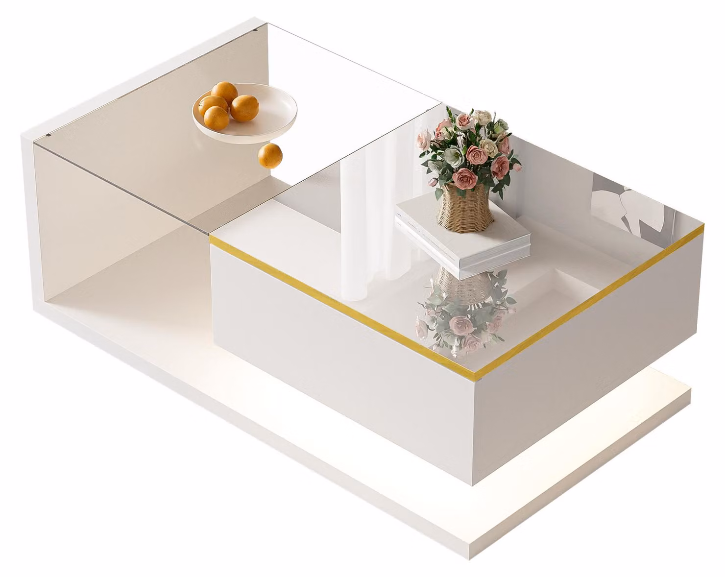 Tavolino da caffè bianco lucido, 90 cm, con piano in vetro ed effetto LED, design moderno