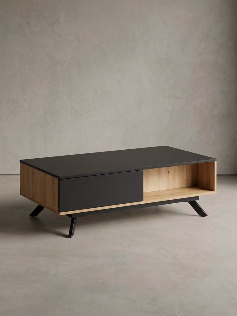 Tavolino moderno con vano contenitore, finitura rovere e nero, robusto e idrorepellente. 110x60x38 cm | Kadima Design