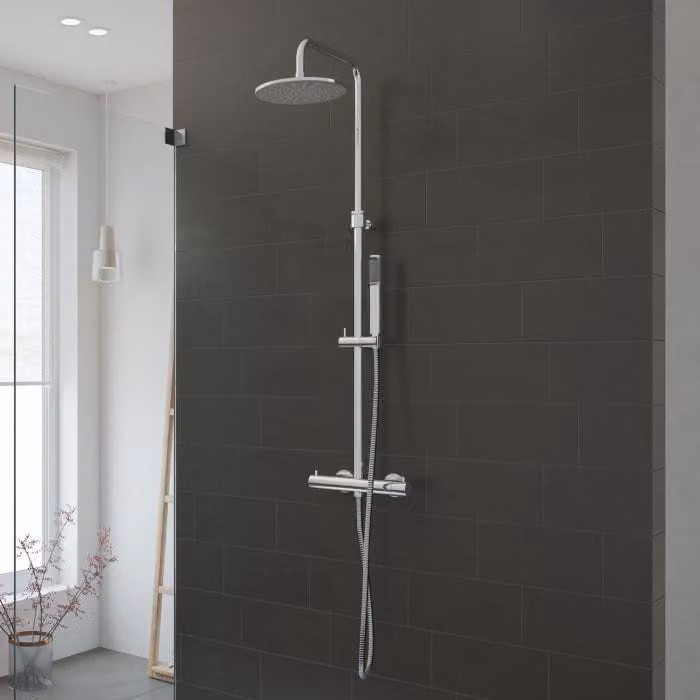 Sistema doccia per bagno con miscelatore termostatico e soffione rotondo, da montare a parete