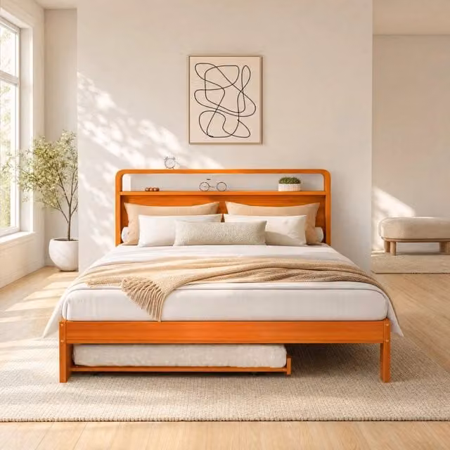 Letto matrimoniale 140x200 cm in legno con letto estraibile 90x190 cm; colore naturale