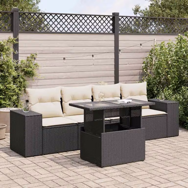 Set da giardino vidaXL composto da 5 pezzi in polyrattan nero con cuscini e tavolino da esterno a forma di L
