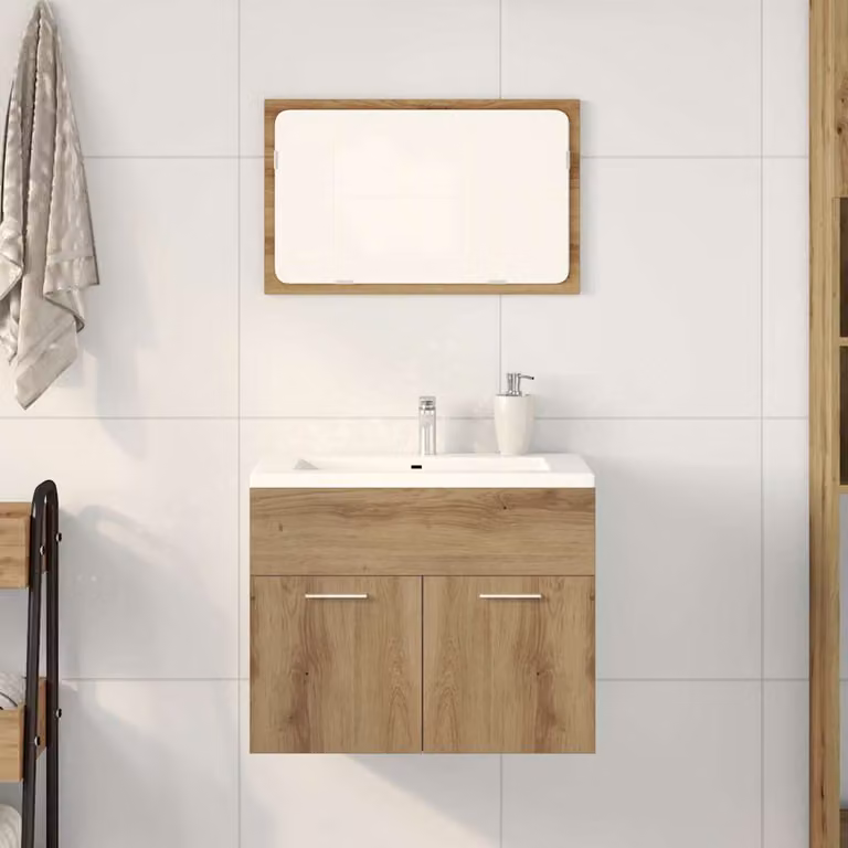 Set Mobili da Bagno Moderni vidaXL in Legno Rovere Marrone con Mobile Lavabo e Armadietto Specchio con LED