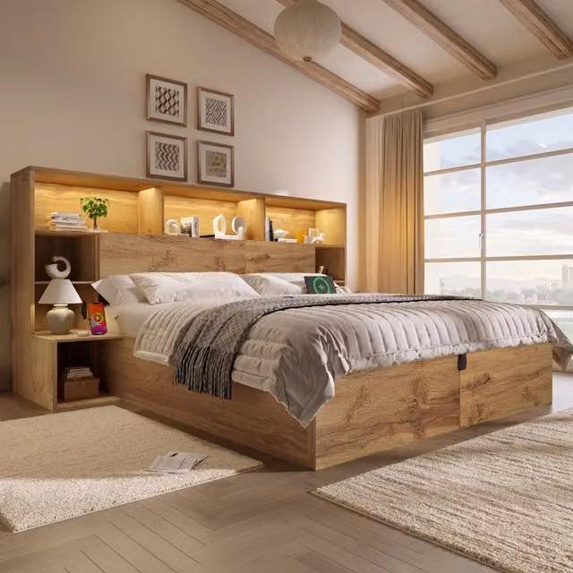 Letto contenitore 180 x 200 cm con LED, porte USB-C, letto matrimoniale con tavoli di comodino, contenitore idraulico, rovere, rete a doghe inclusa