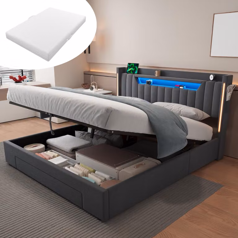Letto matrimoniale MODFU 160 × 200 con materasso, imbottito in velluto, con cassetto contenitore, letto per giovani con ampio spazio di stoccaggio, luci LED e scaffale integrato nella testiera, letto moderno con contenitore, colore grigio