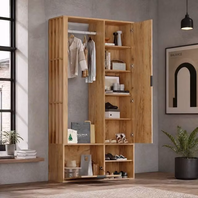 Mobile da ingresso ULEVR 100x33x190 cm con specchio, appendiabiti aperto e 9 vani, legno naturale