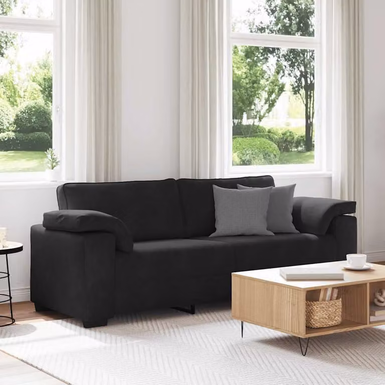 vidaXL Divano a 3 Posti Moderno in Velluto Nero con Cuscini, L: 220 cm, P: 77 cm, H: 82 cm