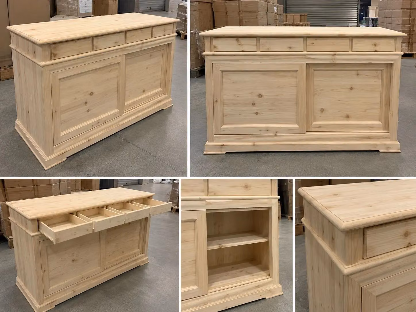 Credenza Mobili 2G in legno di pino grezzo con 2 porte scorrevoli e 4 cassetti L: 180 cm, P: 48 cm, H: 100 cm – 1