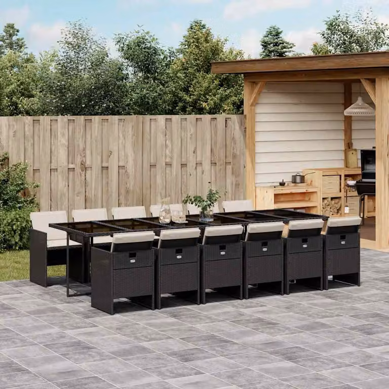 vidaXL Set da Pranzo da Giardino 13pz in Polyrattan Nero con Cuscini e Tavolo in Vetro