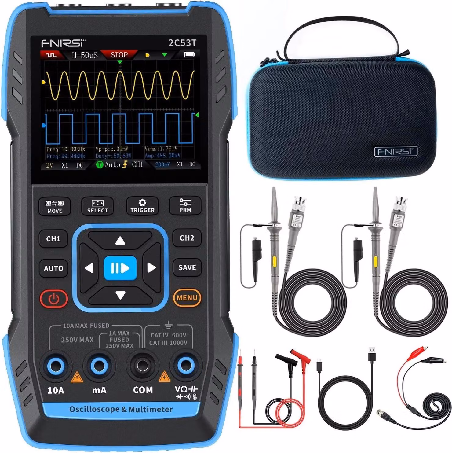 FNIRSI 2C53T oscilloscopio portatile 3 in 1, multimetro, generatore di segnali, 50 MHz, 250 MS/s, 2 canali